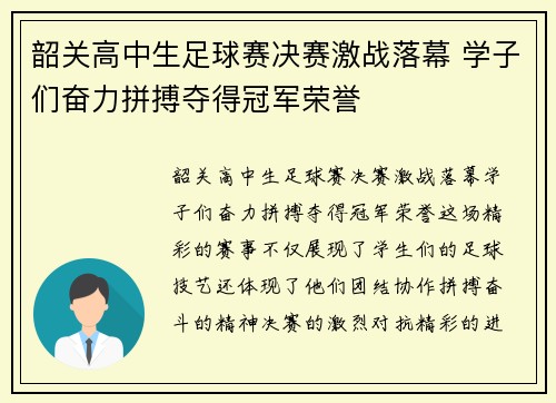 韶关高中生足球赛决赛激战落幕 学子们奋力拼搏夺得冠军荣誉