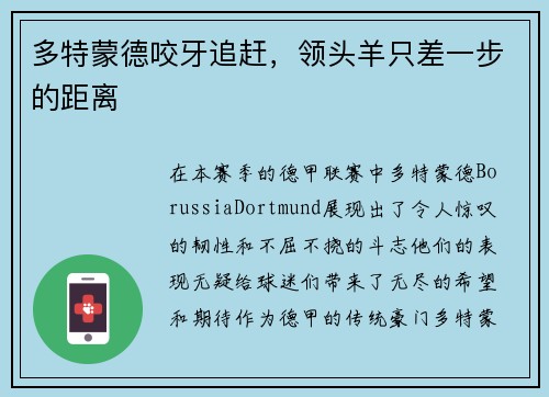 多特蒙德咬牙追赶，领头羊只差一步的距离