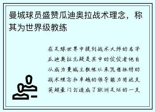 曼城球员盛赞瓜迪奥拉战术理念，称其为世界级教练