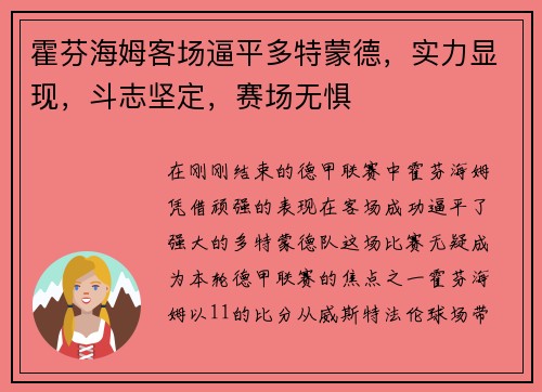 霍芬海姆客场逼平多特蒙德，实力显现，斗志坚定，赛场无惧