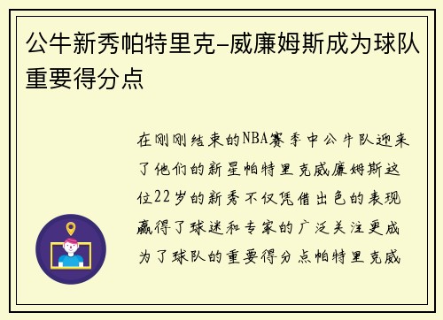 公牛新秀帕特里克-威廉姆斯成为球队重要得分点