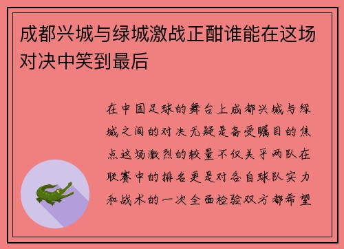 成都兴城与绿城激战正酣谁能在这场对决中笑到最后