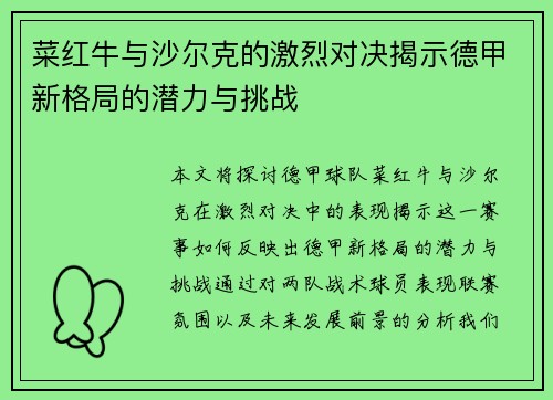 菜红牛与沙尔克的激烈对决揭示德甲新格局的潜力与挑战