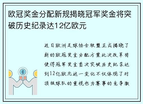欧冠奖金分配新规揭晓冠军奖金将突破历史纪录达12亿欧元