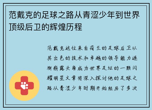 范戴克的足球之路从青涩少年到世界顶级后卫的辉煌历程