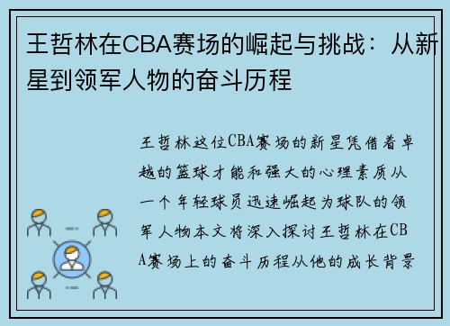王哲林在CBA赛场的崛起与挑战：从新星到领军人物的奋斗历程