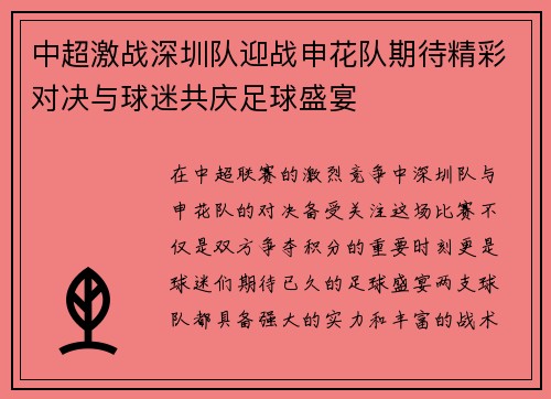 中超激战深圳队迎战申花队期待精彩对决与球迷共庆足球盛宴