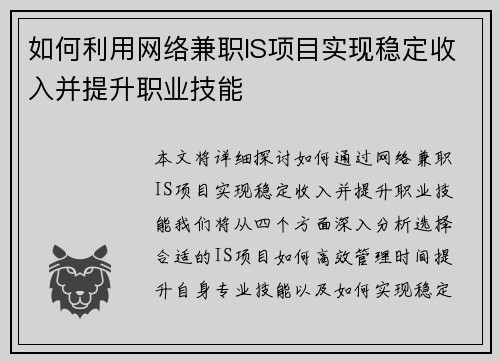 如何利用网络兼职IS项目实现稳定收入并提升职业技能