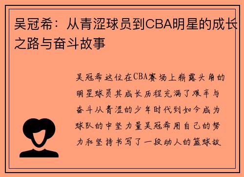 吴冠希：从青涩球员到CBA明星的成长之路与奋斗故事
