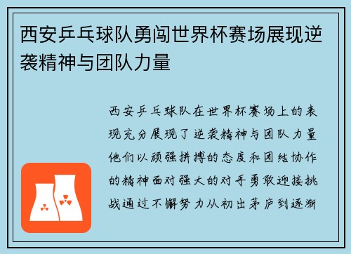 西安乒乓球队勇闯世界杯赛场展现逆袭精神与团队力量